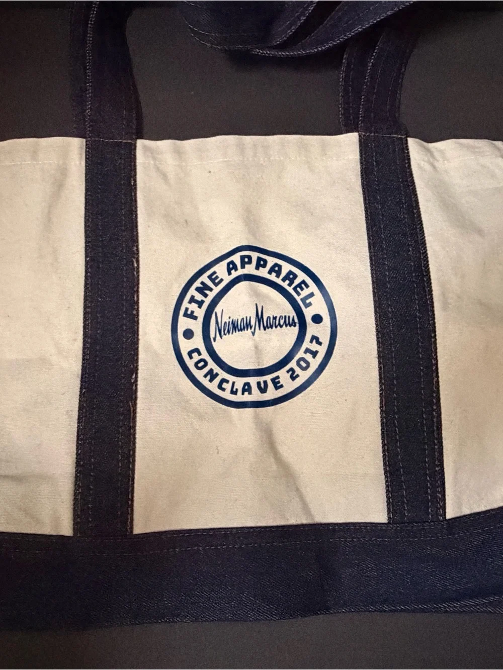 Neiman Marcus Men's Cream and Navy Canvas Messenger Tote